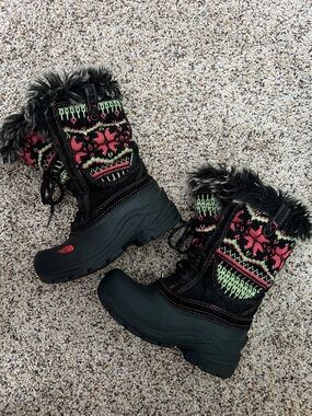 The North Face Black Winter Boots with Pink & Green Knit Accents